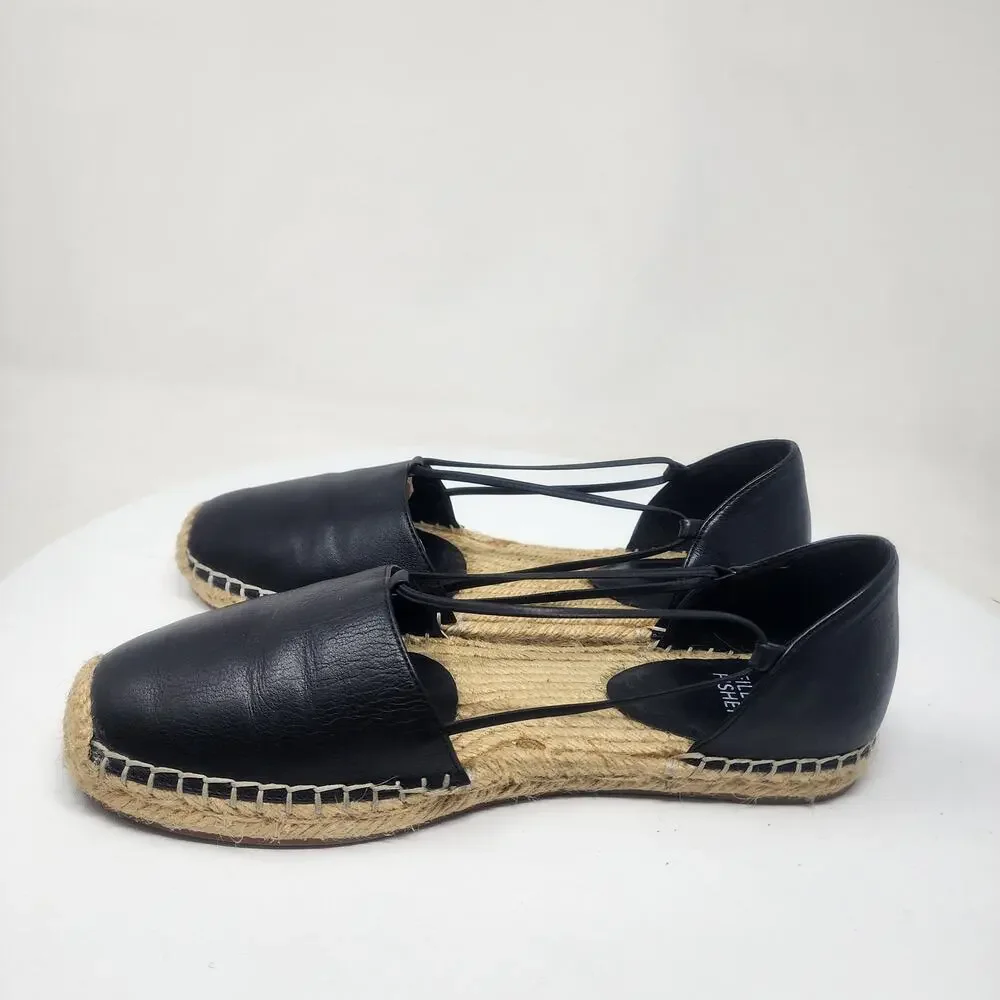 Eileen Fisher Lee Espadrille Flat Women 8 Black Leather D'Orsay Stretch Straps